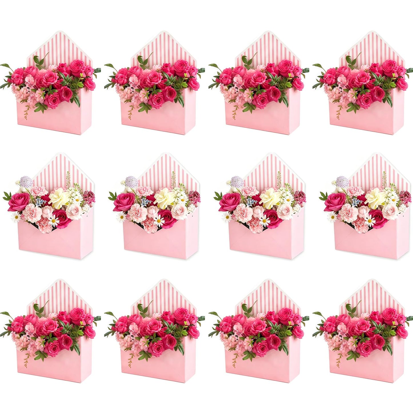 FYSUIMU 12Pcs Mother's Day Floral Envelope Box Empty Flower Stripe Paper Box Florist Bouquet Packaging Box for Valentine's Day Gifts Wedding Birthday Party Arrangements, Pink