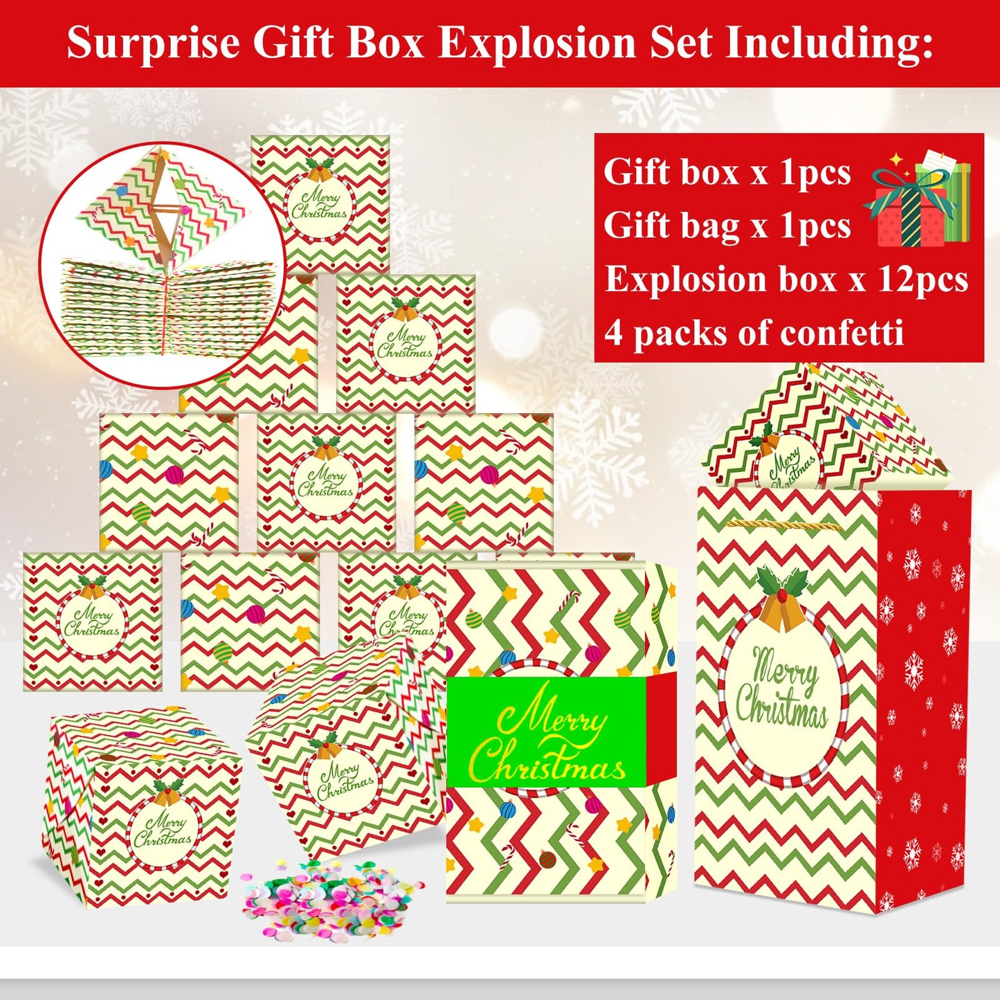 Christmas Surprise Money Gift Box with Confetti, Xmas Exploding Gift Box with 12 Folding Bounce Boxes, Confetti Explosion for Birthday, Party, Kids, Women, Men, Money Holder Box with Gift Bag