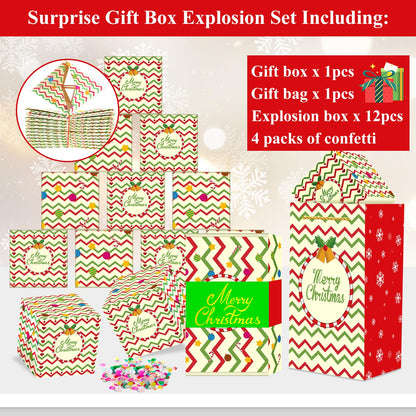 Christmas Surprise Money Gift Box with Confetti, Xmas Exploding Gift Box with 12 Folding Bounce Boxes, Confetti Explosion for Birthday, Party, Kids, Women, Men, Money Holder Box with Gift Bag
