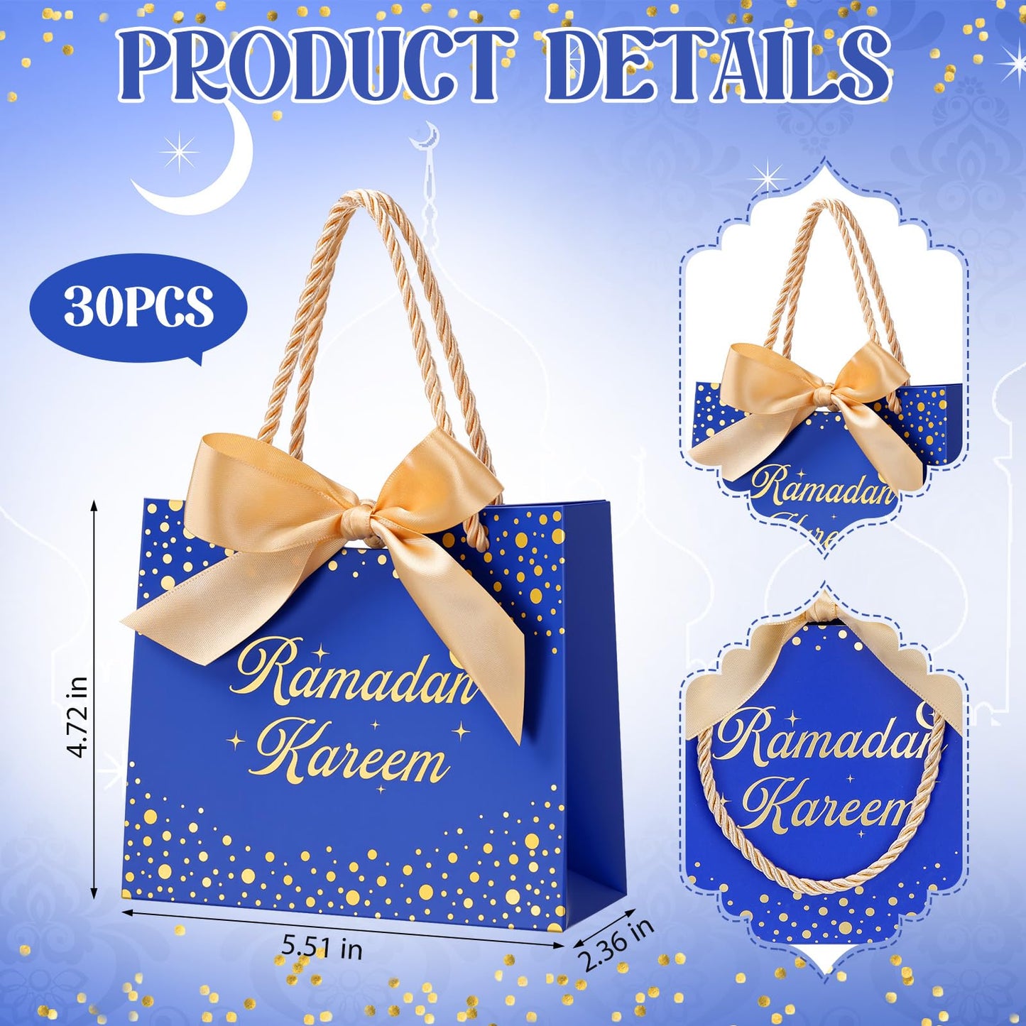 Glenmal 30 Pcs 5.51x2.36x4.72'' Ramadan Gift Bags Ramadan Mubarak Blue Paper Party Bags Eid Mubarak Treat Goodie Bag with Handle and Ribbon for Ramadans Kareem Eid Mubarak's Party Supplies