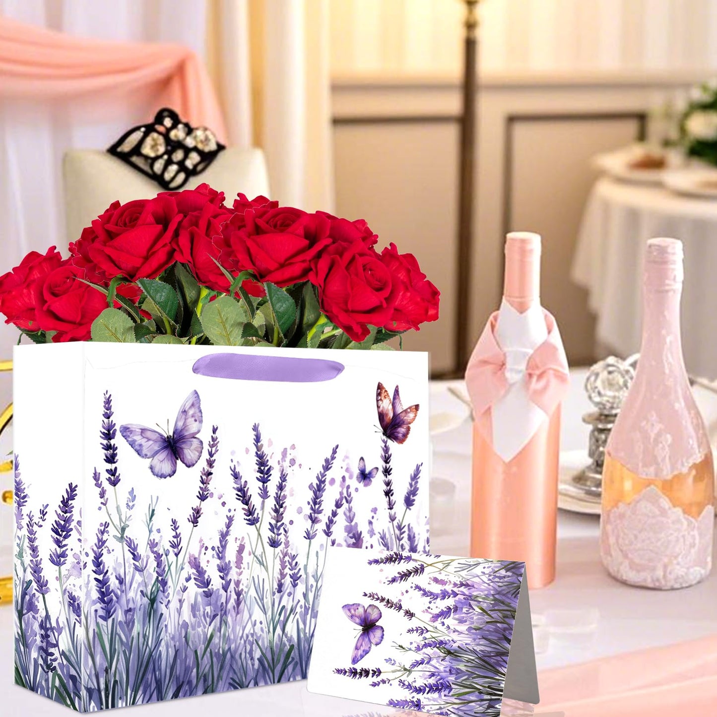 JOCOPUERTO Lavender Birthday Gift Bag - 13" Large Purple Butterfly Gift Bag with Tissue Paper and Card for Women Purple Themed Birthday Party Supplies