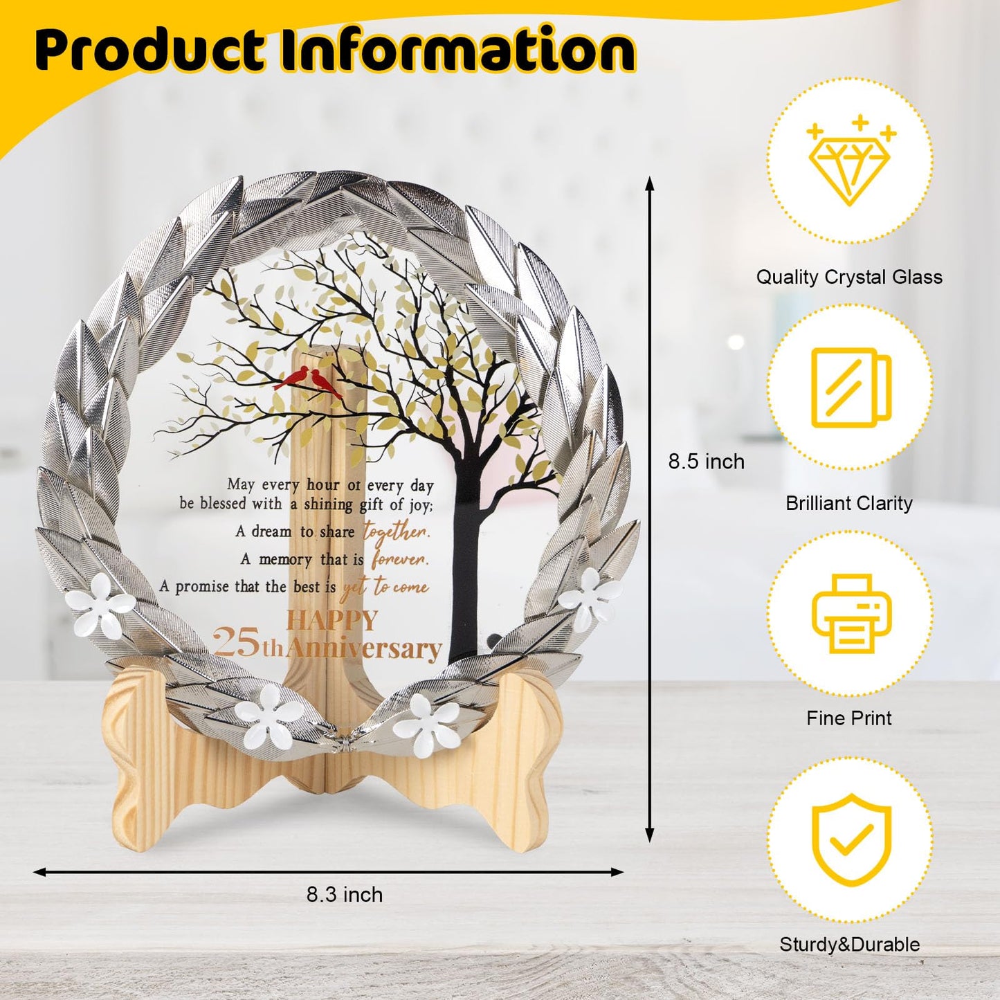 25th Anniversary Wedding Gifts Crystal Plate with Gold Leaf Wreath - 25 Years Anniversary Wedding Unique Gifts Ideas for Parents Couple - Cardinal Style