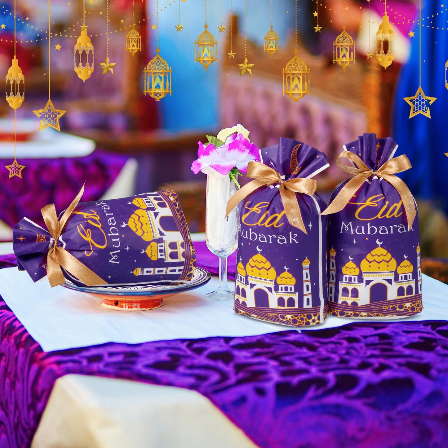 Blulu 50 Pcs Eid Mubarak Gifts Bags Plastic Ramadan Gift Bags Arabesque Moon Bulk Mosque Happy Eid Theme Goodie Pouches for Muslim Mubarak Party Candy Wrapping Supplies Decorations