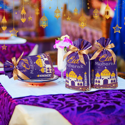Blulu 50 Pcs Eid Mubarak Gifts Bags Plastic Ramadan Gift Bags Arabesque Moon Bulk Mosque Happy Eid Theme Goodie Pouches for Muslim Mubarak Party Candy Wrapping Supplies Decorations