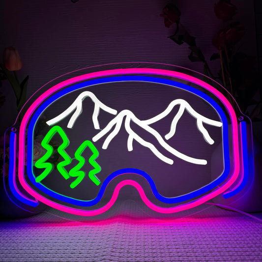 Symone Ski Goggles Neon Sign, USB Powered Dimmable LED Neon Light Winter Sports Party Decor, for Outdoor Adventure Themed Sports Bar Ski Themed Bedroom Decor, Skiing Gifts for Winter Lovers(16.1*10.4in)