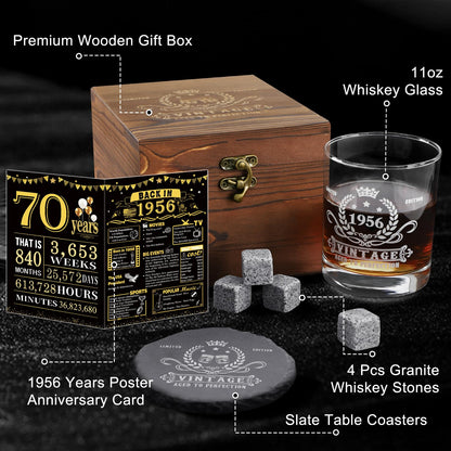 YeohJoy 70th Birthday Gifts for Men,Vintage 1956 Whiskey Glass Set,Wood Box & Whiskey Stones & 1956 Poster Anniversary Card & Coaster,Birthday Gifts Ideas for Him,Husband,Dad