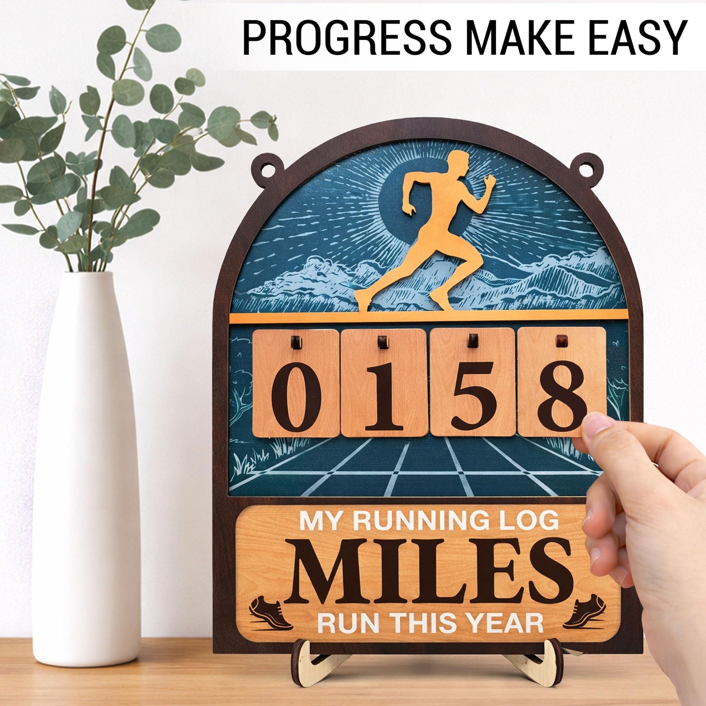 Miles Run This Year Tracker Sign - Wooden Yearly Running Log Counter Home Decor - Running Gifts for Women Men Runners, Marathon Runner Gifts