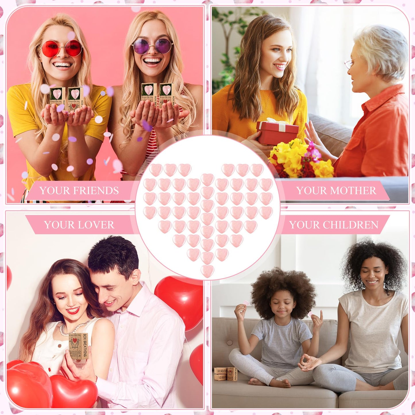 Landical 50 Sets 2026 Graduation Pocket Hug Token Gifts Bulk Little Heart Rocks Small Crystal Heart Stones Bulk with Boxes for Birthday Party Colleagues Family Celebration of Life Gifts (Pink)
