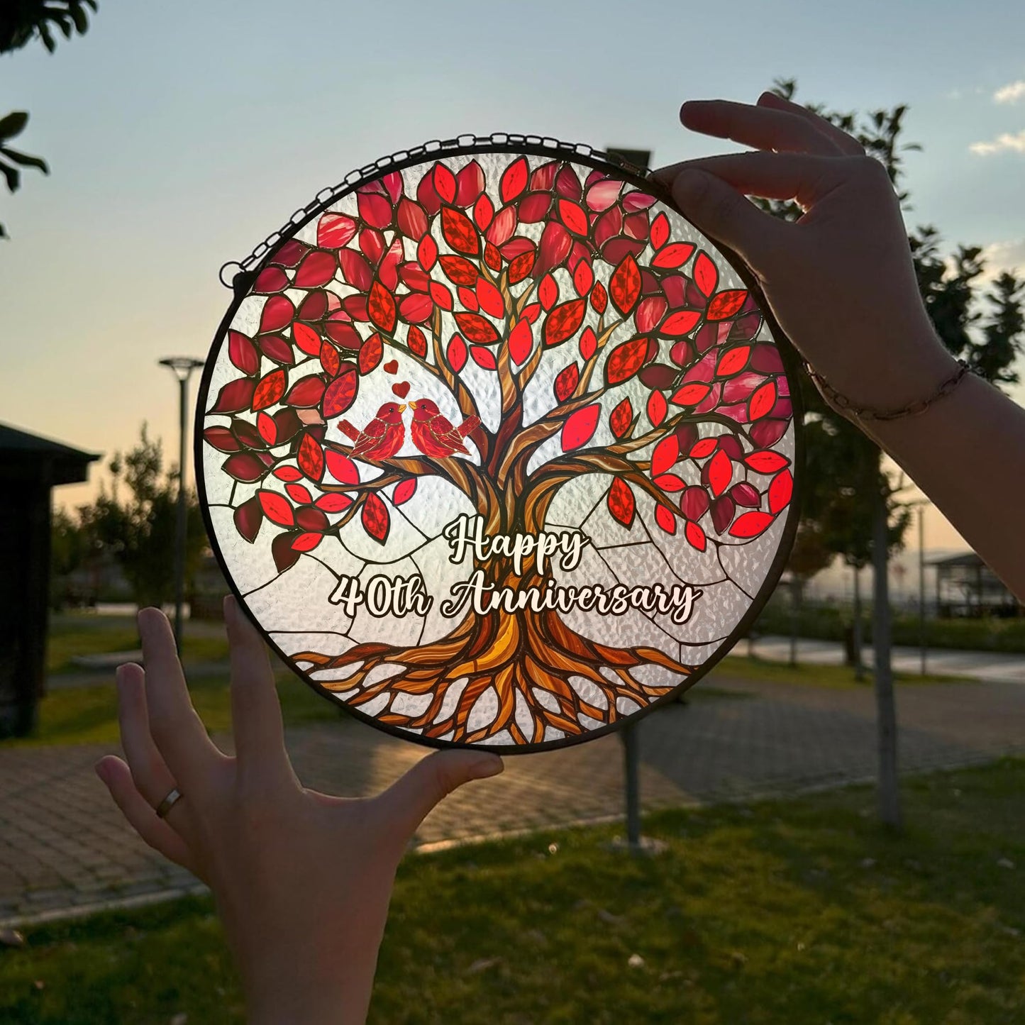 40th Wedding Anniversary Stained Glass Suncatcher, Ruby Anniversary Wedding Gifts, 6x6' Window Hanging for Couple, Wife, Husband, Parents – Unique 40th Anniversary Decorations Gifts