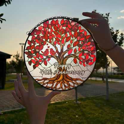 40th Wedding Anniversary Stained Glass Suncatcher, Ruby Anniversary Wedding Gifts, 6x6' Window Hanging for Couple, Wife, Husband, Parents – Unique 40th Anniversary Decorations Gifts