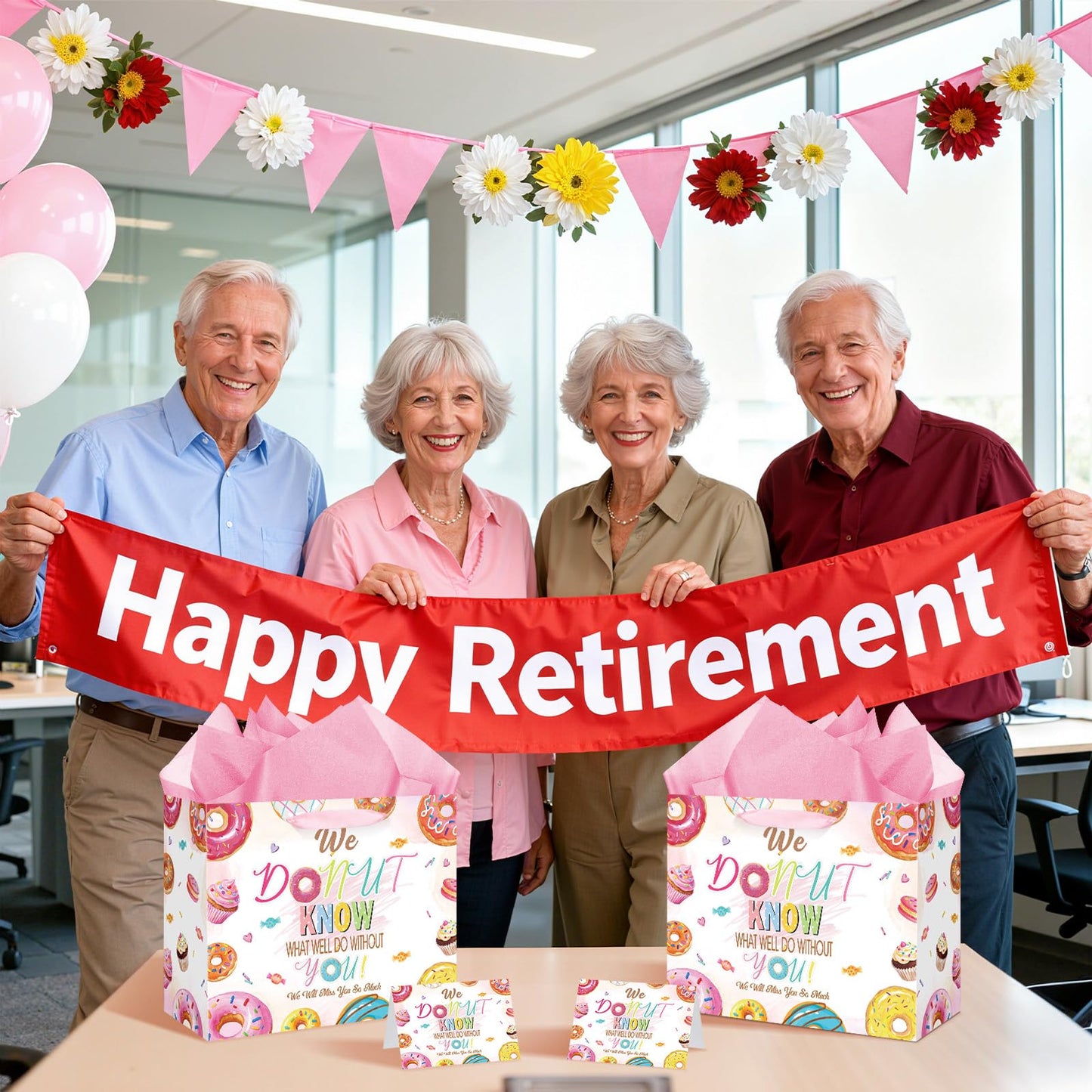 Donut Retirement Gift Bag Pink Retirement Wrap Bag with Tissue Paper Greeting Card Retirement Moving Away Goodbye Party Favors for Women Coworker Friends Farewell Going Away Graduation Party Supplies