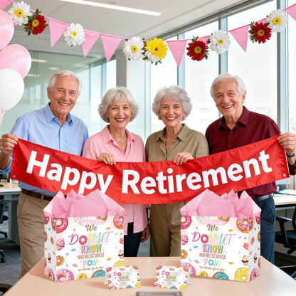 Donut Retirement Gift Bag Pink Retirement Wrap Bag with Tissue Paper Greeting Card Retirement Moving Away Goodbye Party Favors for Women Coworker Friends Farewell Going Away Graduation Party Supplies
