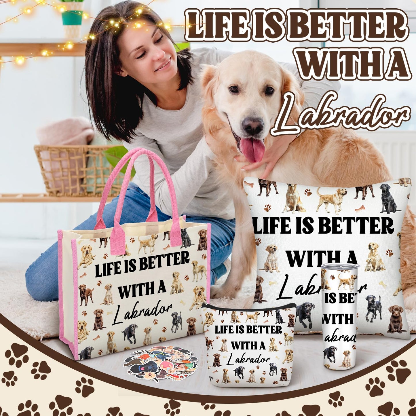 Patelai 56 Pcs Labrador Retriever Gift Set for Dog Mom, Tote Bag 20oz Stainless Tumbler Cosmetic Bag Sock Pillow Cover Keychain 50 Sticker for Women Labrador Lover Gift Dog Mothers Day Party Favors