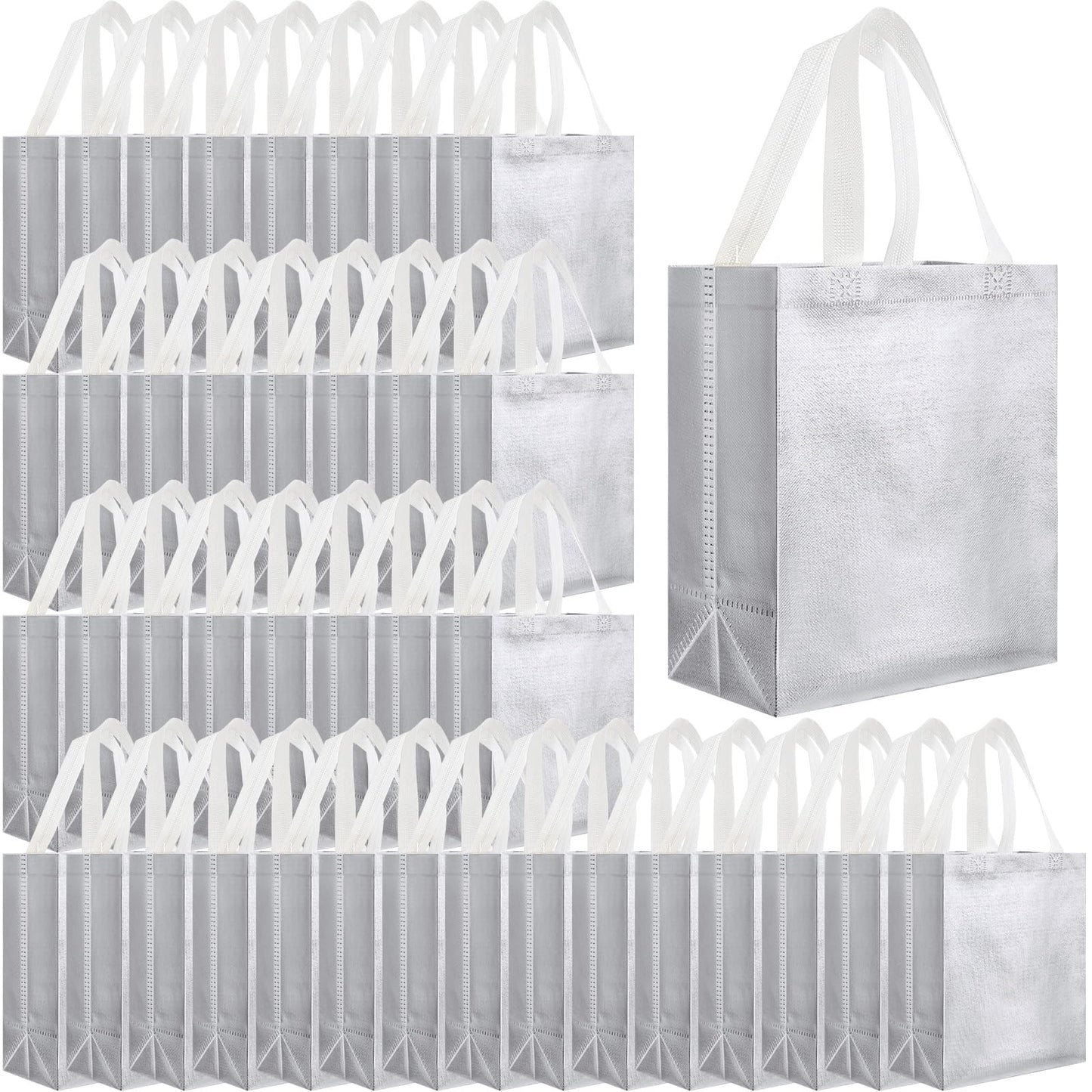 Eccliy 80 Pcs Reusable Gift Bags Set Glossy Grocery Gift Tote Bag with Hadnle for Wedding, Father's Day, Graduation, Summer Event (10 x 8 x 4.7 Inch,Silver)