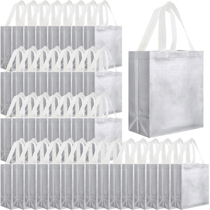 Eccliy 80 Pcs Reusable Gift Bags Set Glossy Grocery Gift Tote Bag with Hadnle for Wedding, Father's Day, Graduation, Summer Event (10 x 8 x 4.7 Inch,Silver)