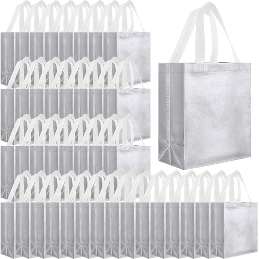 Eccliy 80 Pcs Reusable Gift Bags Set Glossy Grocery Gift Tote Bag with Hadnle for Wedding, Father's Day, Graduation, Summer Event (10 x 8 x 4.7 Inch,Silver)