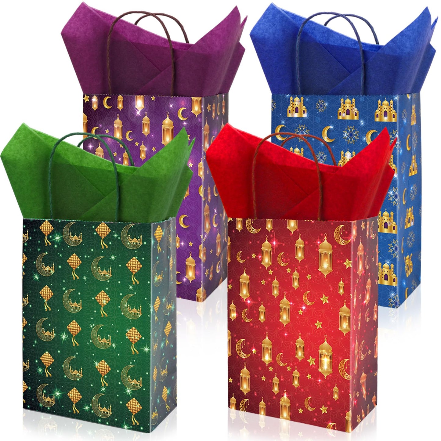 FYSUIMU 16Pcs Eid Mubarak Paper Bags with 20 Sheets Tissue Paper Gold Mosque Moon Star Treat Bags with Handles Candy Goodie Bags for Ramadan Muslim Party Favors Supplies