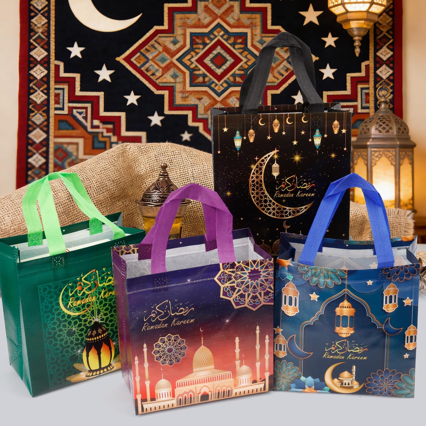 Ramadan Gift Bags, 8Pcs Medium Size Bulk Ramadan Mubarak Bags for Gifts, Reusable Non-Woven Eid Goodie Bag with Handles Treat Bag Perfect for Kareem Eid Mubarak Gift Wrap Goody Party Favor Supplies