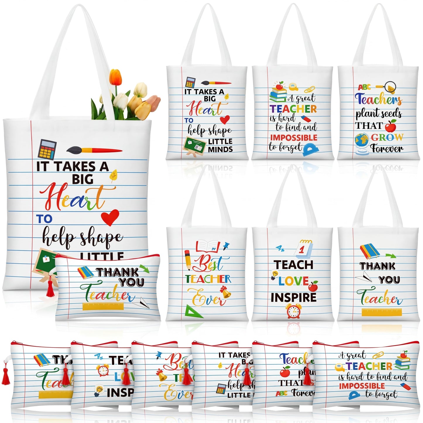 Paterr 12 Pcs Teacher Appreciation Gift Basket Filler Canvas Teacher Tote Bag Makeup Bag for Graduation School Classroom Gift