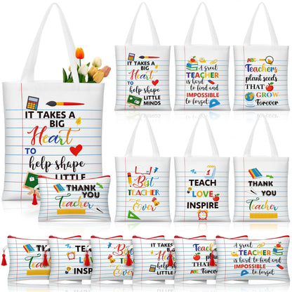 Paterr 12 Pcs Teacher Appreciation Gift Basket Filler Canvas Teacher Tote Bag Makeup Bag for Graduation School Classroom Gift