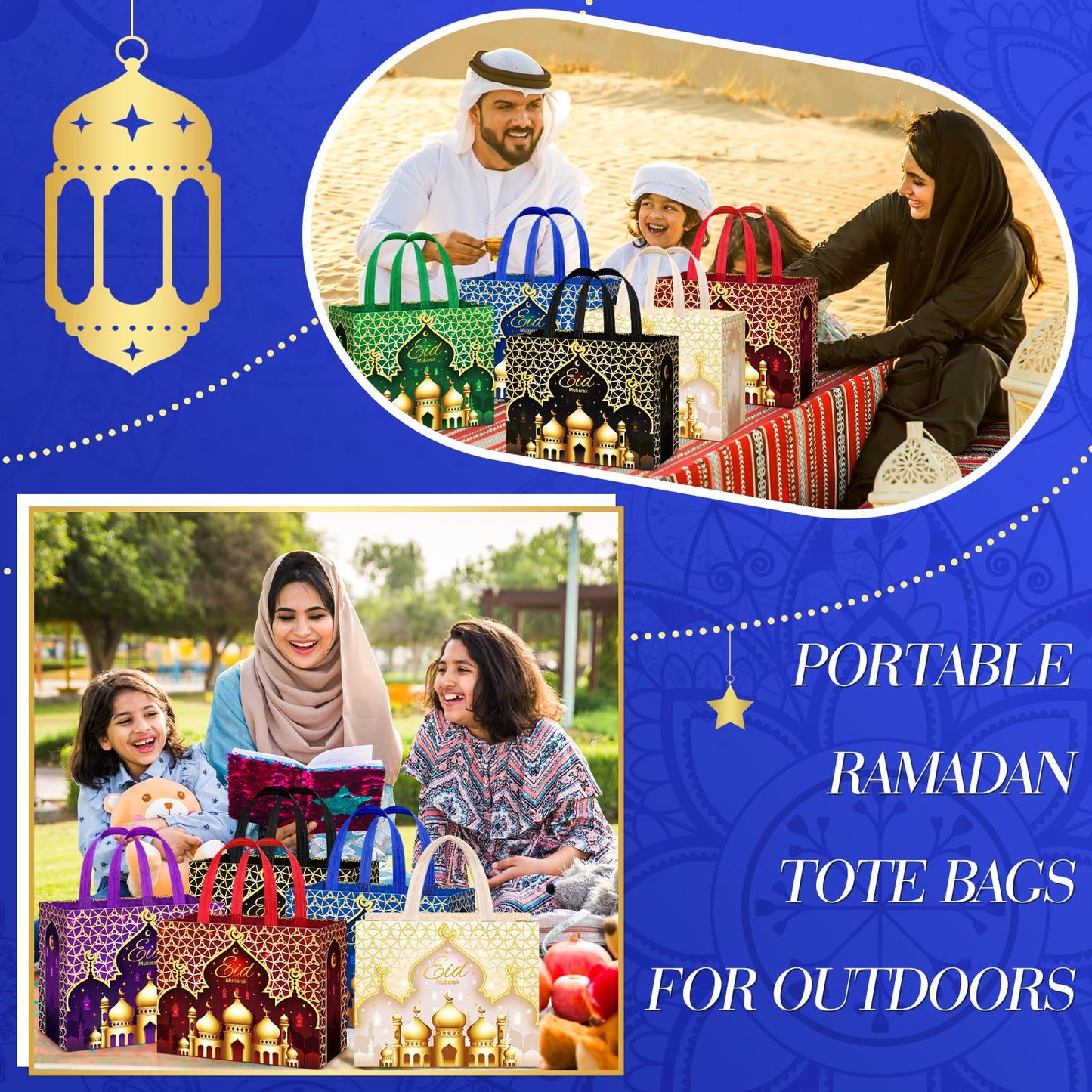 Yoojahow 12 Pcs Eid Mubarak Gift Bags with Handles 12.6 x 9.8 x 6.7 Inch Large Reusable Ramadan Tote Bags Eid Mubarak Non-Woven Treat Goodie for Gifts Wrapping Shopping Ramadan Party Supplies