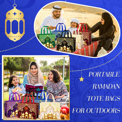 Yoojahow 12 Pcs Eid Mubarak Gift Bags with Handles 12.6 x 9.8 x 6.7 Inch Large Reusable Ramadan Tote Bags Eid Mubarak Non-Woven Treat Goodie for Gifts Wrapping Shopping Ramadan Party Supplies