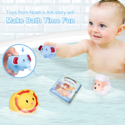 MyMateZoe My First Noahs Ark 7 pcs Baptism Gift Set, Dedication, Christening and Baptism Gifts for Boys and Newborn Baby, Includes Washcloth and Hooded Towel, Baby Bath Book, 3 Bath Toys and Gift Bag