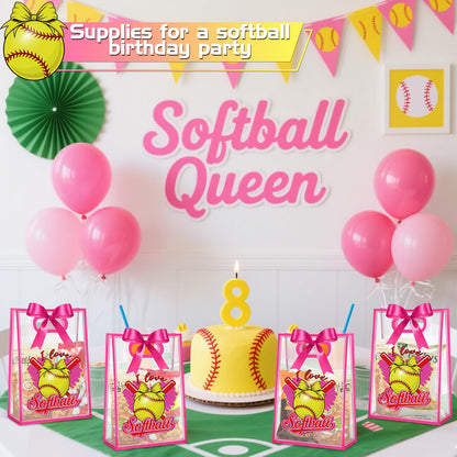 Aliceset 12 Pcs Softball Clear Goodie Bag with Die Cut Handles and Ribbons Sport Theme Party Favor Bags for Softball Team Snack Wrapping Teamer Gifts Birthday Party Treats Supplies, 7x10x3.15 Inch