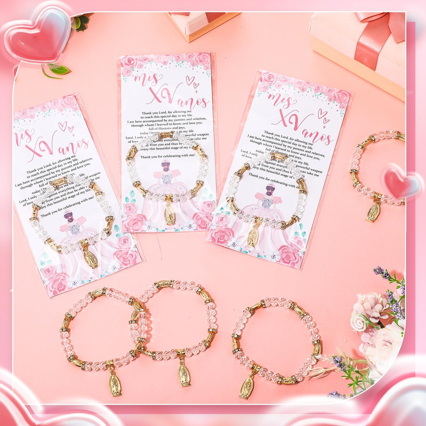 Wenqik 25 Sets Quinceanera Bracelet Favors Mis Xv Anos Crystal Stretch Bracelets with Gold Color Virgin Mary Charm Sweet 15th Birthday Religious Gifts with Thank You Cards
