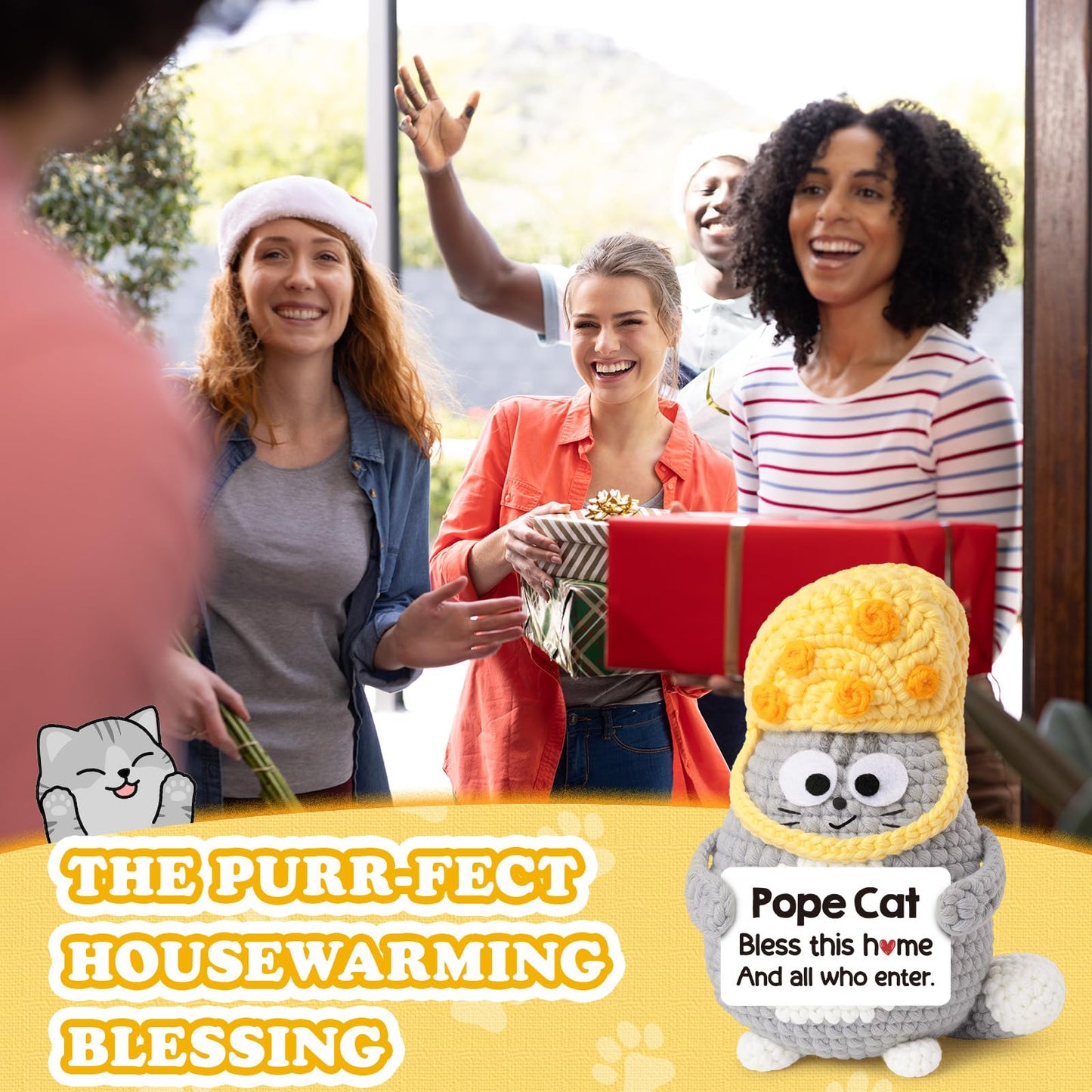 House Warming Gifts New Home, Funny Crochet Pope Cat, New Home Gift Ideas, Home Warming Present for Women Men Friends, Housewarming Gifts New Apartment, Cute Mini Crochet Cat Animals
