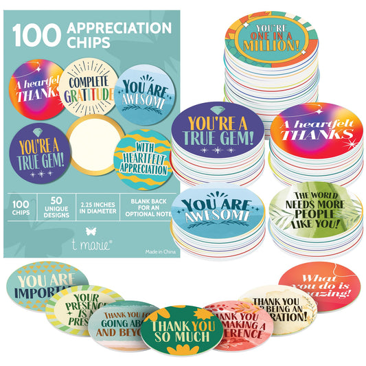 T MARIE 100 Mini Bulk Appreciation Gifts - 2.25” Token of Appreciation Chips for Employee Appreciation Week, Staff, Nurses, Teachers, Students and More - Share Kindness, Recognition and Motivation