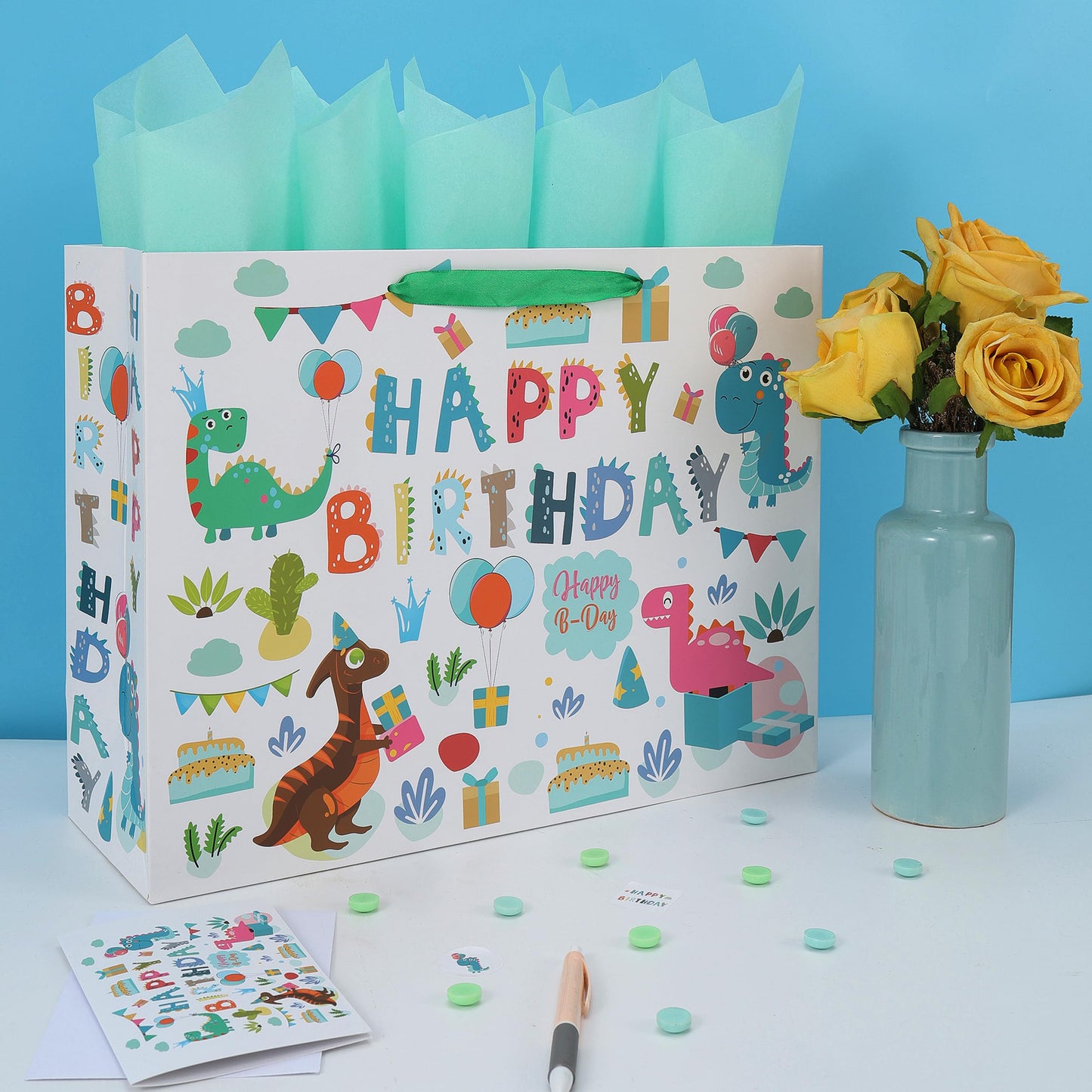 16.5” Extra Large Dinosaur Happy Birthday Gift Bag Set with Handles, Greeting Card, Tissue Papers and Stickers for 1st Birthday 2 Year Old Boys’, Girls', or Kids' Party, Newborn, New Moms or Parents, 1 Pcs