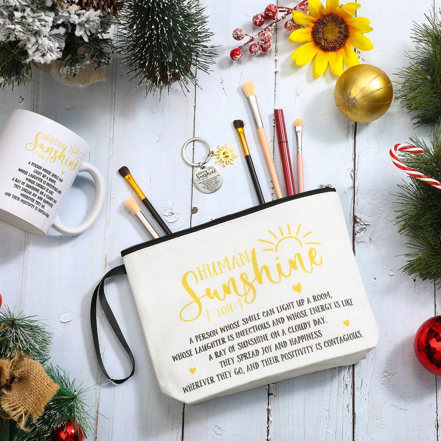 Crtiin 3pcs Human Sunshine Makeup Bag Gifts Sets Inspirational Thank You Gifts for Woman Human Sunshine Makeup Bag 11.2 oz Novelty Coffee Mug Keychain Christmas Birthday Coworker