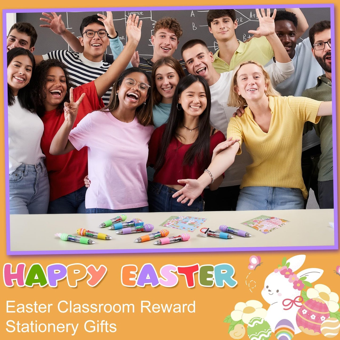 50 Sets Easter Pens Gifts Bulk Cartoon 4 in 1 Multicolor Ballpoint Pens with Greeting Cards 0.7mm Cute Bunny Egg Pens for Easter Party Favors Basket Goodie Bag Stuffers Students Reward Classroom Gifts