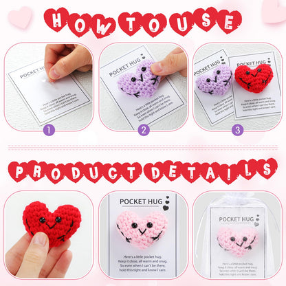 Daifunli 12 Sets Valentine‘s Day Pocket Hug Heart Gift Crocheted Pocket Hug Token Thinking of You Encouragement Handmade Crocheted Love Long Distance Gift for Boyfriend Girlfriend Wedding