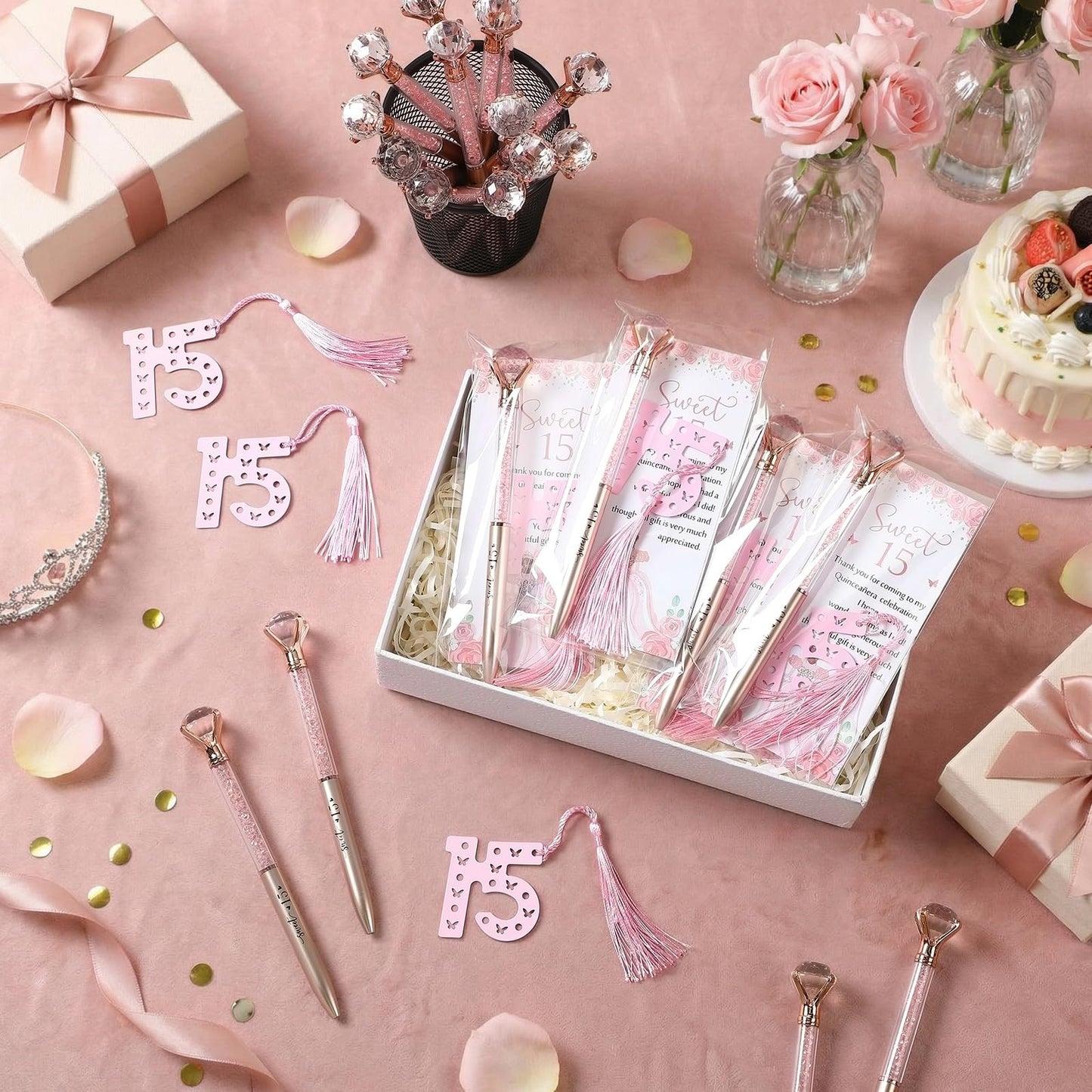 Sayglossy 120 Pcs Quinceanera Party Favors Sweet 15th Thank You Gifts Diamond Pens with Cards Bookmarks Retractable Ballpoint Bling Pens Recuerdos Para 15 Anos Quinceaneras Gifts for Guests(Rose Gold)