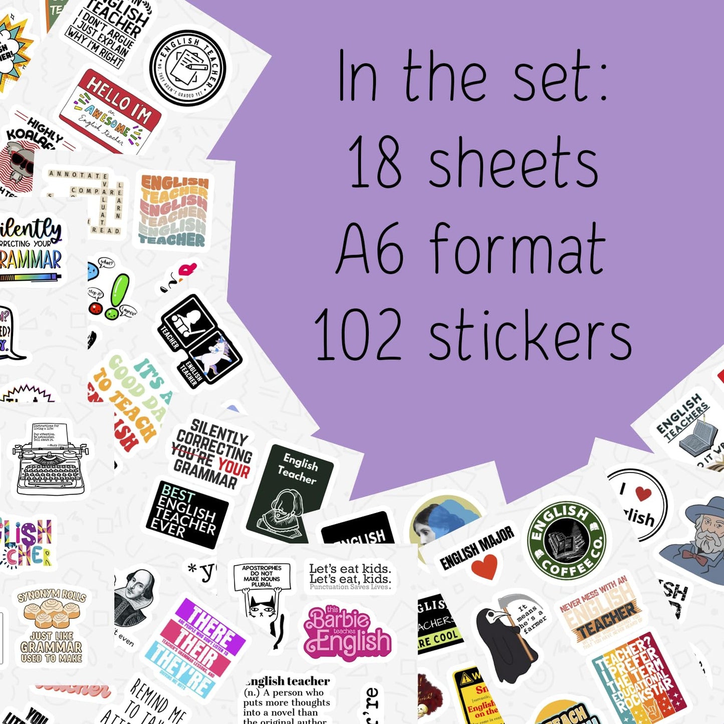 BulbaCraft 100Pcs English Teacher Stickers for Water Bottle and Laptop - English Teacher Party Supplies & Decorations, Waterproof Vinyl Decals, Literature Stickers, Gifts for Women & Men