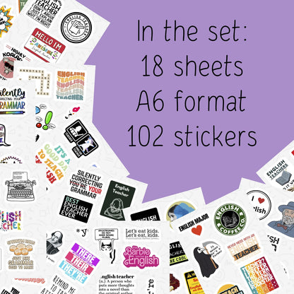BulbaCraft 100Pcs English Teacher Stickers for Water Bottle and Laptop - English Teacher Party Supplies & Decorations, Waterproof Vinyl Decals, Literature Stickers, Gifts for Women & Men