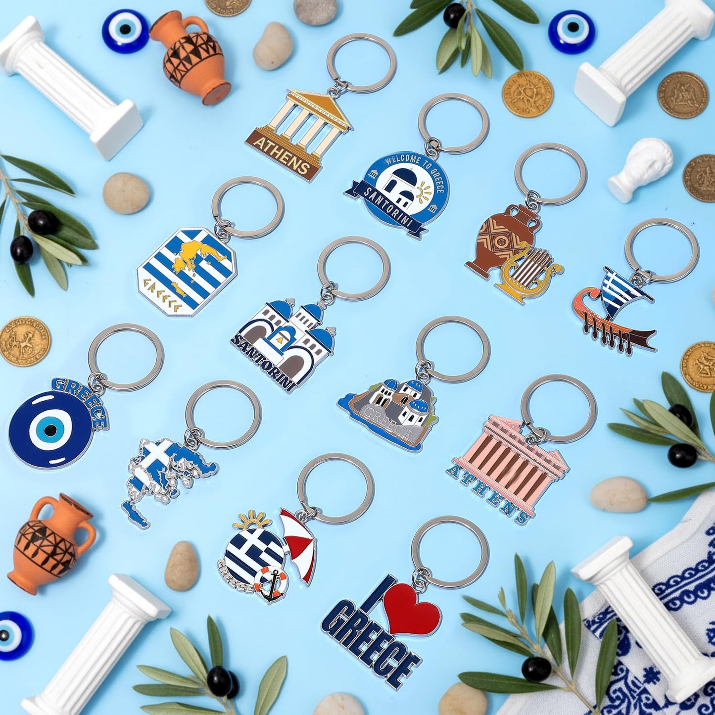Landical Greece Metal Keychains Souvenirs Gifts Bulk Greek Travel Evil Eye Souvenirs Gifts for Women Men