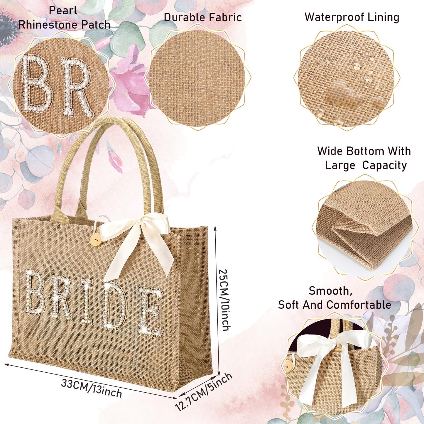 Silkfly Wedding Bride Tote Bag Bridal Shower Gift Beach Jute Tote Bag with Ribbon for Bachelorette Party Favors Supplies(Gold Edges,Bride)