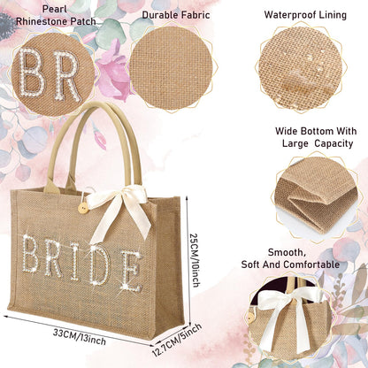 Silkfly Wedding Bride Tote Bag Bridal Shower Gift Beach Jute Tote Bag with Ribbon for Bachelorette Party Favors Supplies(Gold Edges,Bride)