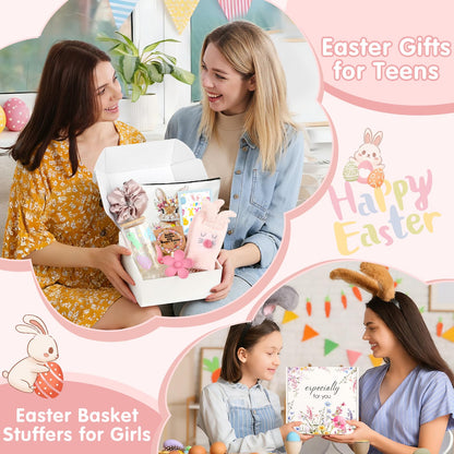 Easter Gifts for Teens Girls Women Adults,7 PCS Bunny Gifts Set with Iced Coffee Cup,Bracelet,Socks,Bag,Hair Clip & Scrunchy,Perfect Easter Basket Stuffers for Teens Girls Adults