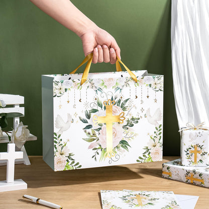 WRAPAHOLIC 13" Large Religious Gift Bag with Card and Tissue Paper - Gold Foil Floral Cross Design for First Communion, Easter, Baby Baptisms, Christenings