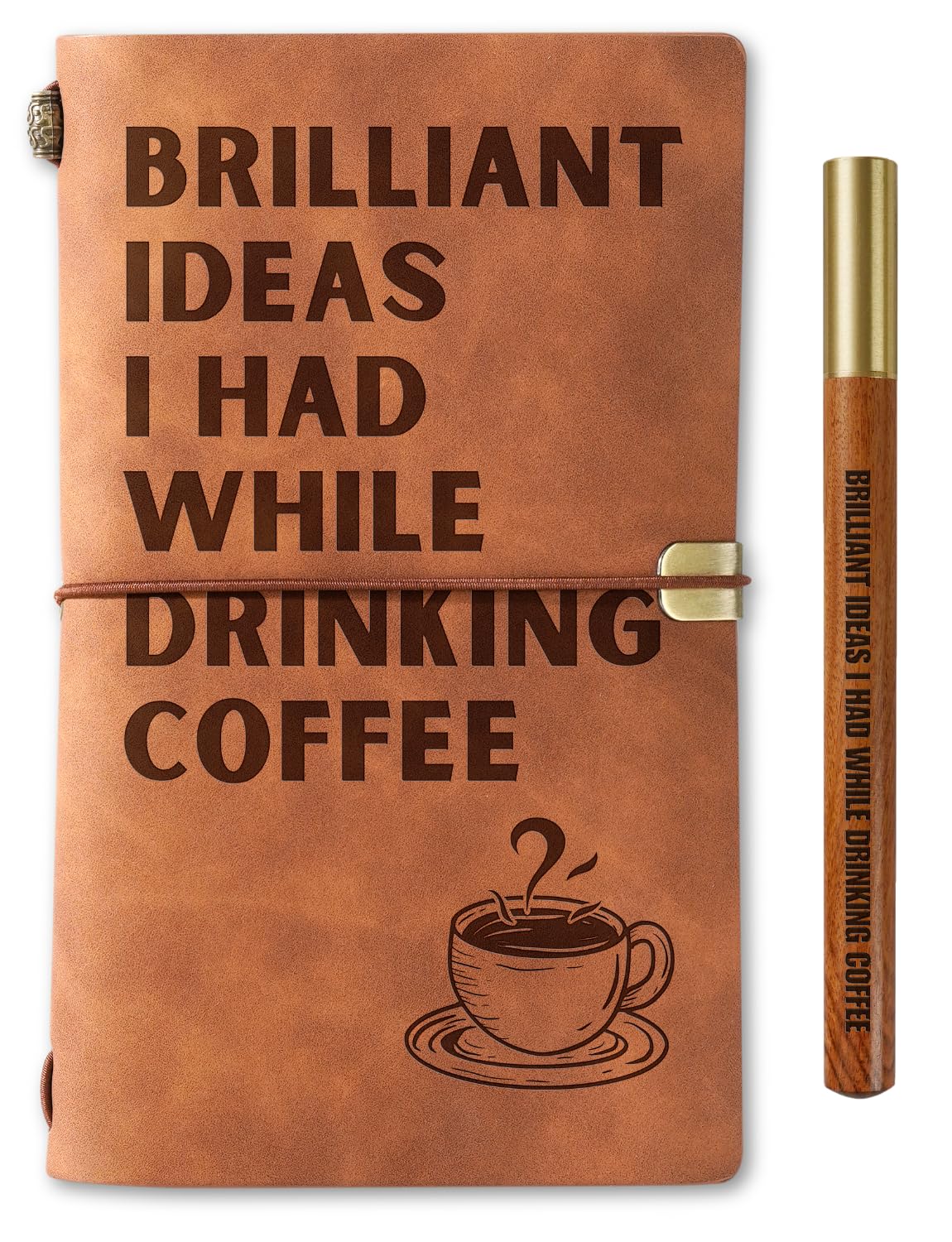 InnoBeta Coffee gifts Leather Journal Notebook with Pen, for Coffee Lovers, Men, Women on Birthday, Refillable Sketchbook, Travel Diary, Lined Planner, 7x5 Inches, Brown