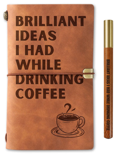 InnoBeta Coffee gifts Leather Journal Notebook with Pen, for Coffee Lovers, Men, Women on Birthday, Refillable Sketchbook, Travel Diary, Lined Planner, 7x5 Inches, Brown