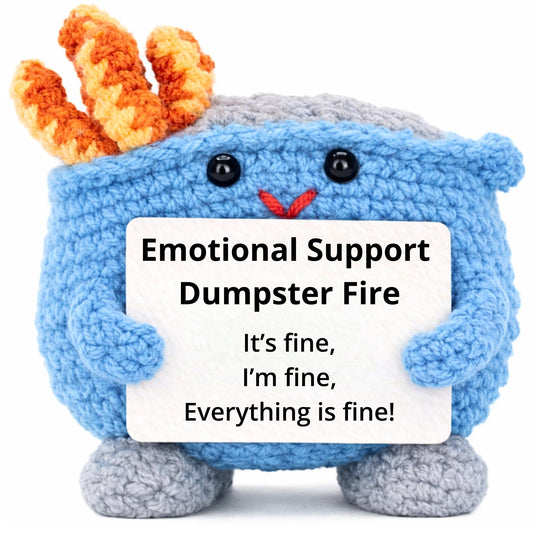 Emotional Support Dumpster Fire Crochet, Handmade Positive Support Gift. Counselor, Teacher, Manager, Co worker Office Desk Decor. Friends and Family. Funny Stress Relief Gag Gift. (Blue)