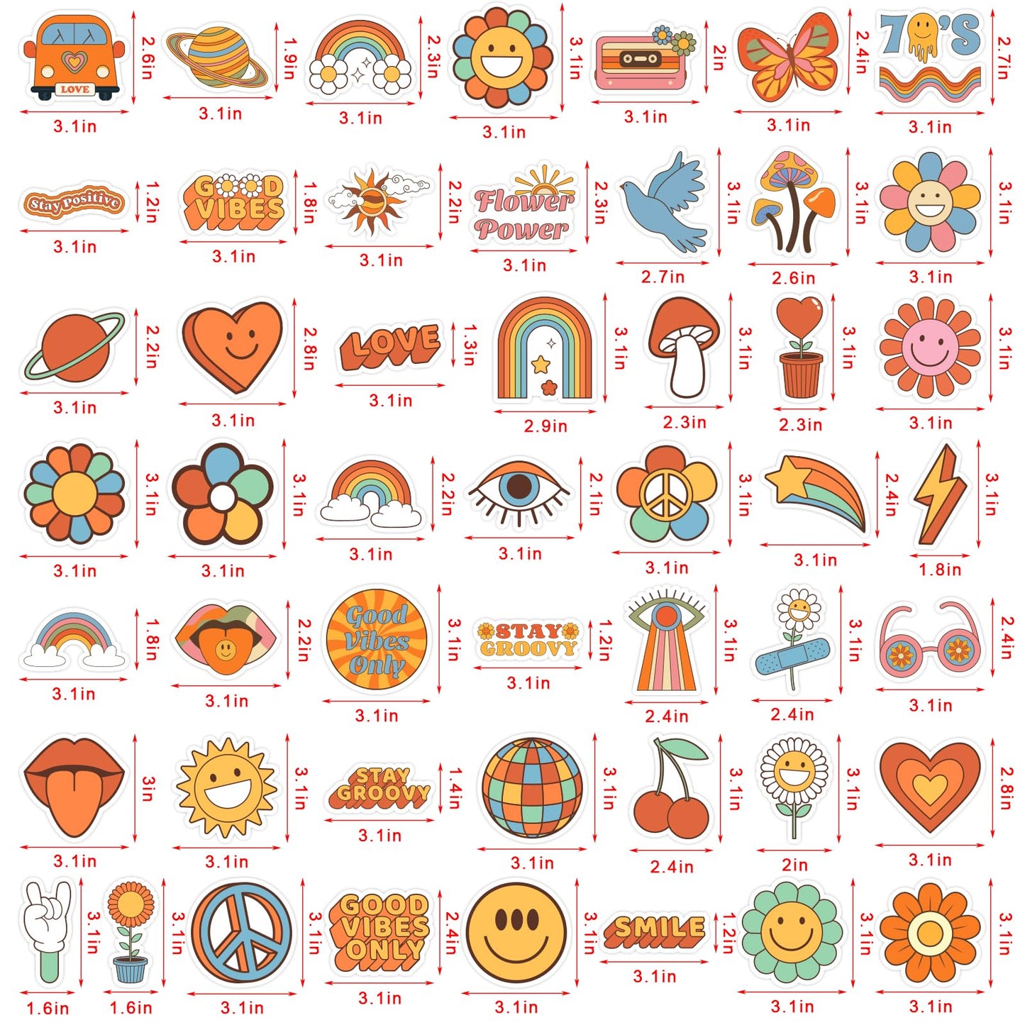 50 Pcs Hippie Stickers, Groovy Preppy Boho Daisy 70s RetroVinyl Waterproof Hippy Party Decorations Peace Sign Stickers for Laptop, Car, Water Bottles, Computer, Phone