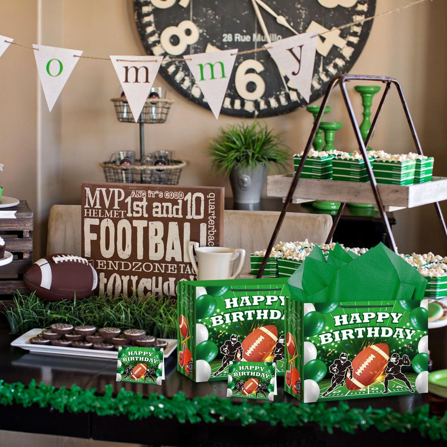Hooqict Football Gift Bag Football Birthday Party Gift Wrapping Bag with Tissue Paper and Greeting Card for Boys Men Sport Birthday Football Bag Goodie Treat Party Favors