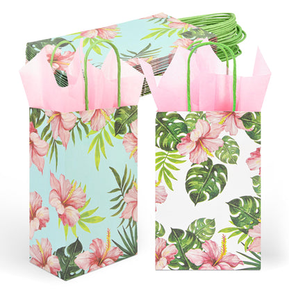 36 Pack Small Hawaiian Tropical Party Favor Gift Bags with Handles 9x5.5x3.15 Inch and 36 Pink Tissue Paper for Luau Parties, Birthdays, Weddings, Baby Showers, Bridal Showers (2 Designs Assorted)