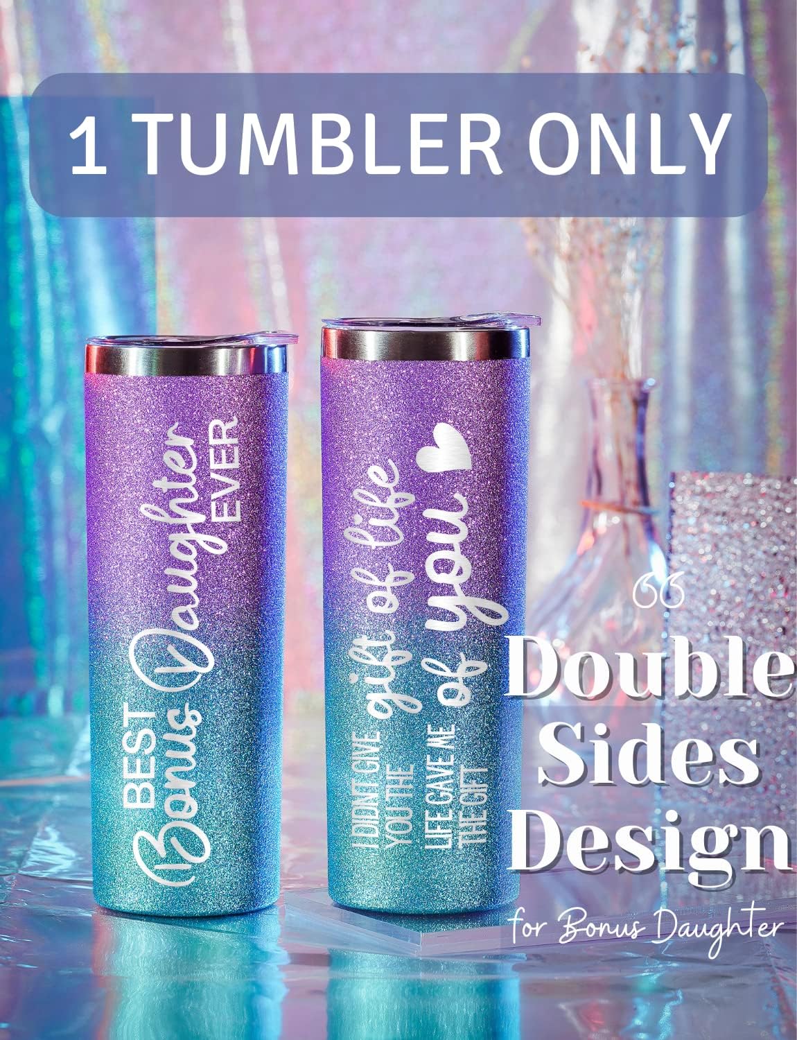 Onebttl Bonus Daughter Gift - 20oz Stainless Steel Travel Mug With Lid and Straw for Birthday, Christmas or Thanksgiving - Best Bonus Daughter Ever